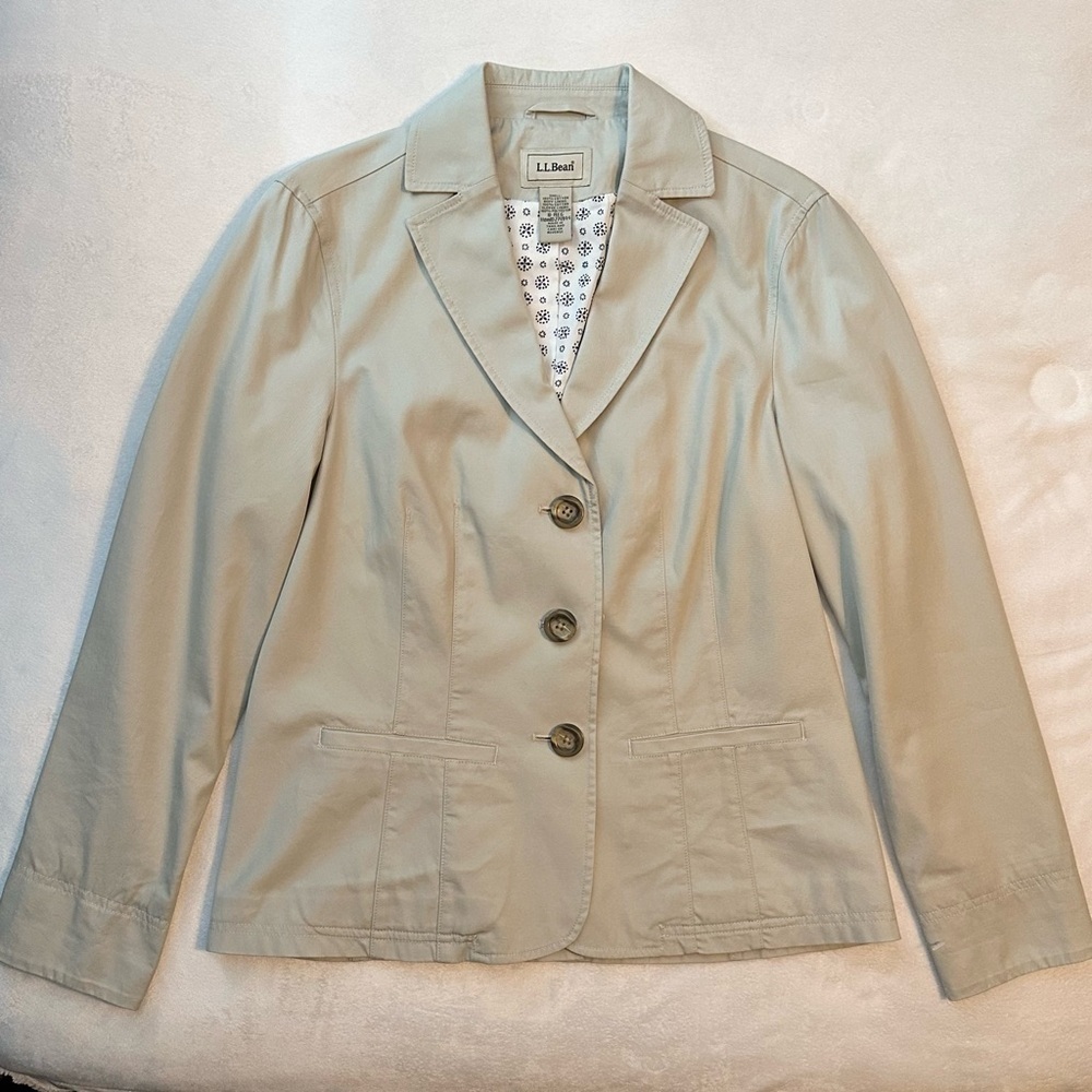 LL Bean Blazer Womens 8 Regular Ivory Cotton Lined Button Up Jacket Blazer